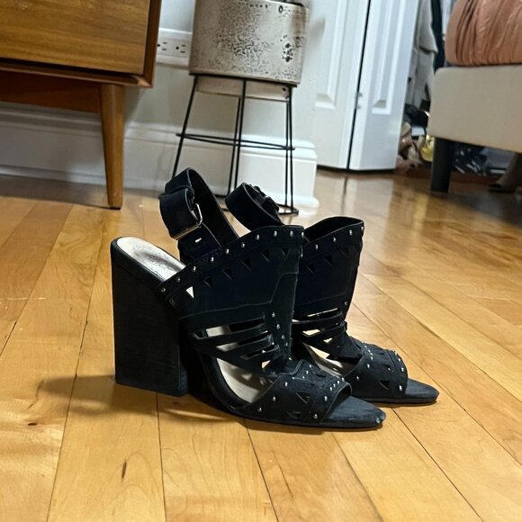 Vince Camuto Reston Sandals Black Leather Block Heel (Size 6.5) - Picture 1 of 6